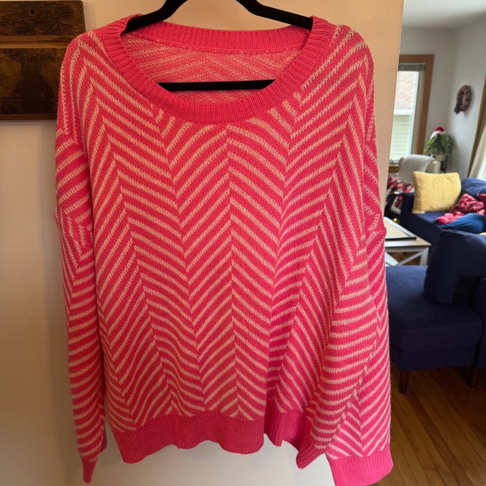 Shein - Pink and White - Chevron Knit Sweater - XXL